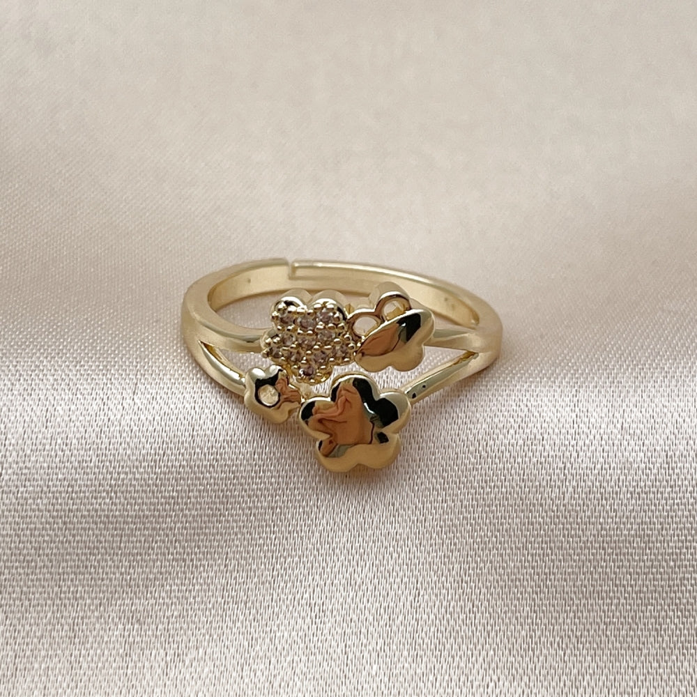Oro Laminado Multi Stone Ring, Gold Filled Style Flower Design, with White Micro Pave, Polished, Golden Finish