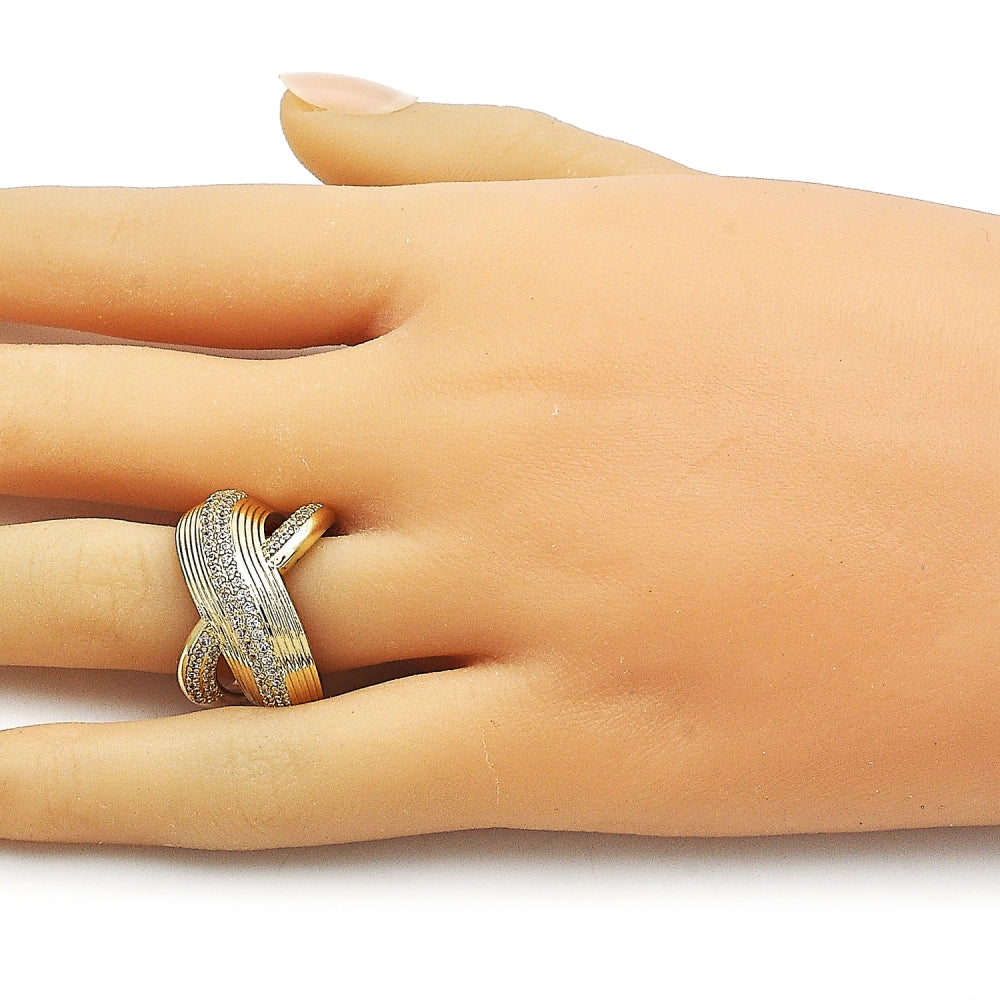 Oro Laminado Multi Stone Ring, Gold Filled Style Twist Design, with White Cubic Zirconia and White Micro Pave, Diamond Cutting Finish, Golden Finish