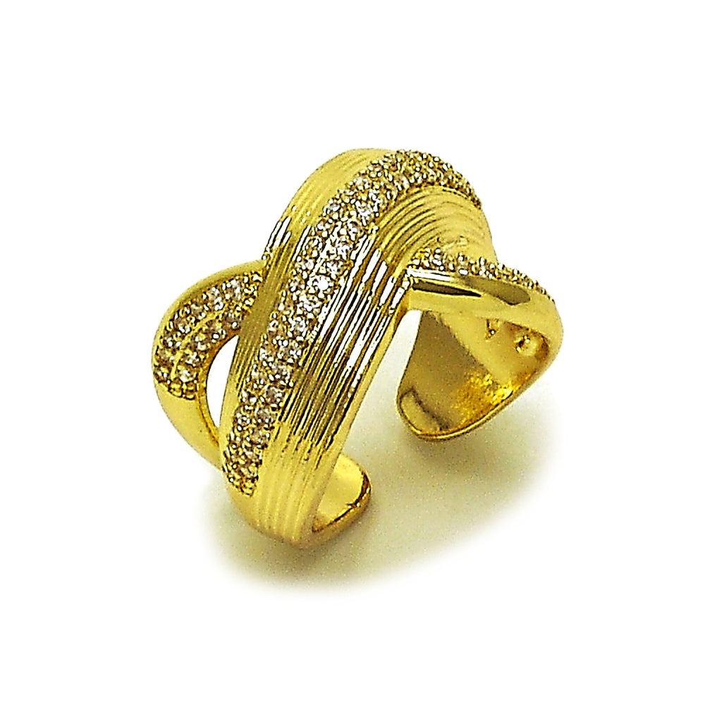 Oro Laminado Multi Stone Ring, Gold Filled Style Twist Design, with White Cubic Zirconia and White Micro Pave, Diamond Cutting Finish, Golden Finish