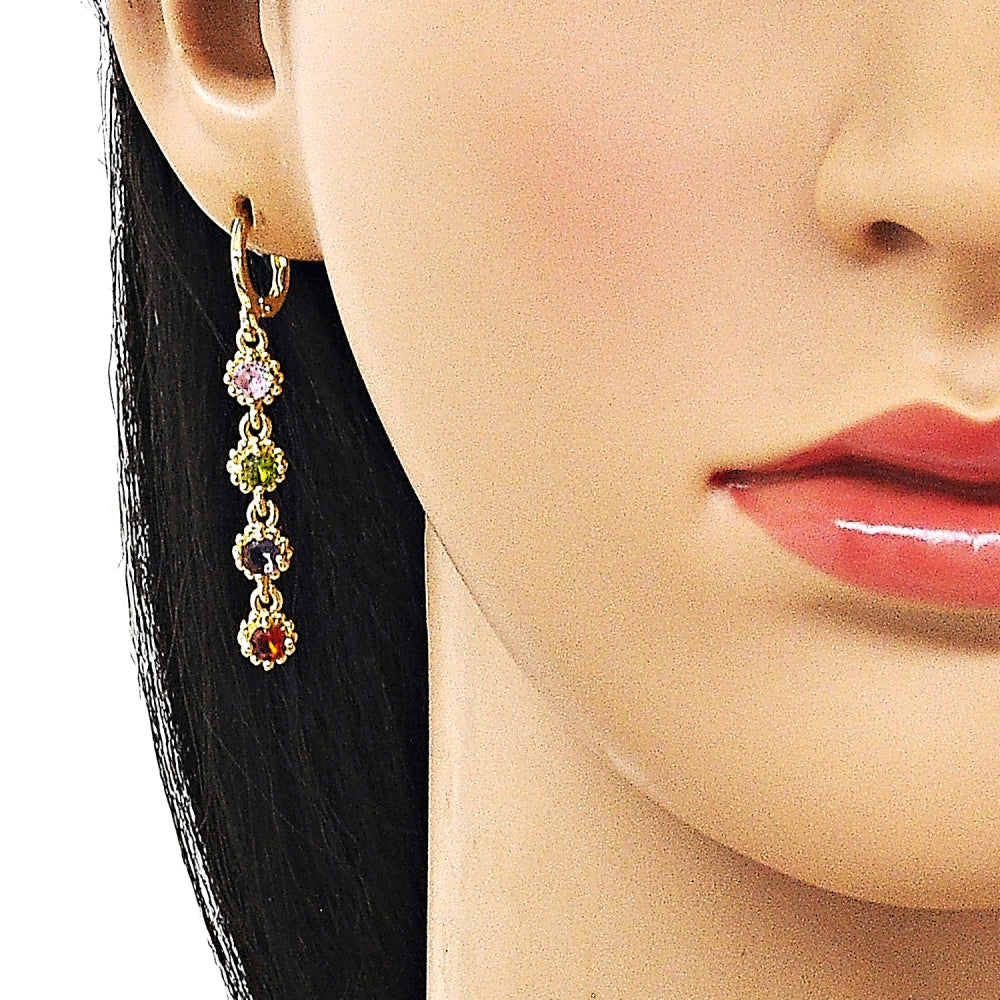 Oro Laminado Long Earring, Gold Filled Style Cluster Design, with Multicolor Cubic Zirconia, Polished, Golden Finish