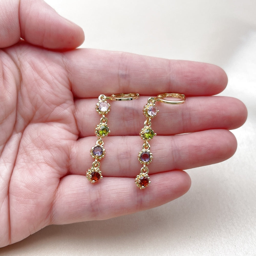 Oro Laminado Long Earring, Gold Filled Style Cluster Design, with Multicolor Cubic Zirconia, Polished, Golden Finish