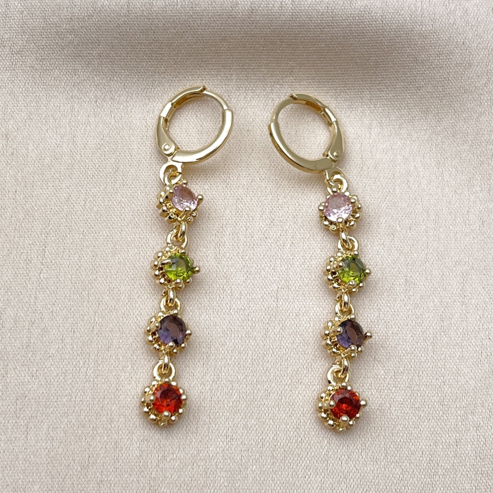 Oro Laminado Long Earring, Gold Filled Style Cluster Design, with Multicolor Cubic Zirconia, Polished, Golden Finish