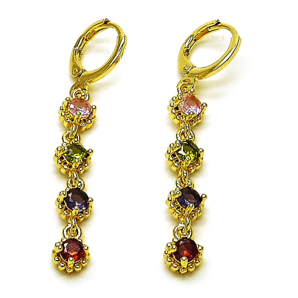 Oro Laminado Long Earring, Gold Filled Style Cluster Design, with Multicolor Cubic Zirconia, Polished, Golden Finish
