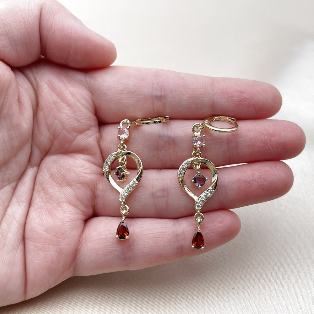Oro Laminado Long Earring, Gold Filled Style Teardrop Design, with Multicolor and White Cubic Zirconia, Polished, Golden Finish