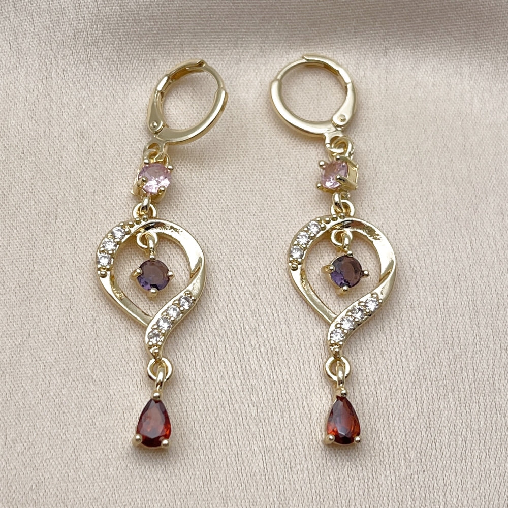 Oro Laminado Long Earring, Gold Filled Style Teardrop Design, with Multicolor and White Cubic Zirconia, Polished, Golden Finish