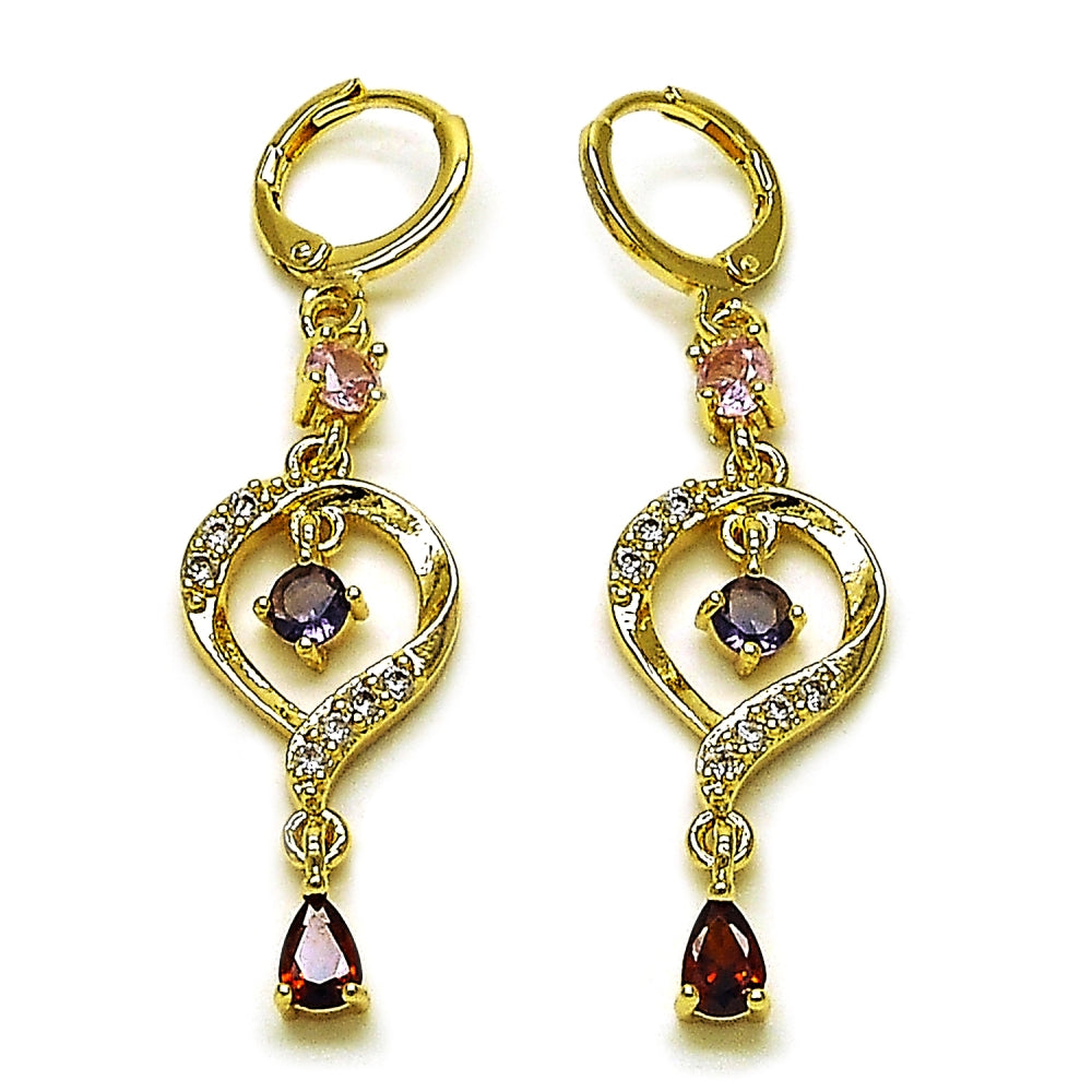 Oro Laminado Long Earring, Gold Filled Style Teardrop Design, with Multicolor and White Cubic Zirconia, Polished, Golden Finish