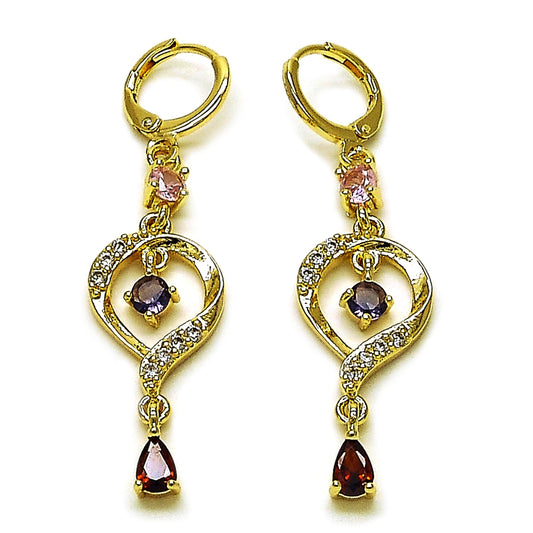 Oro Laminado Long Earring, Gold Filled Style Teardrop Design, with Multicolor and White Cubic Zirconia, Polished, Golden Finish