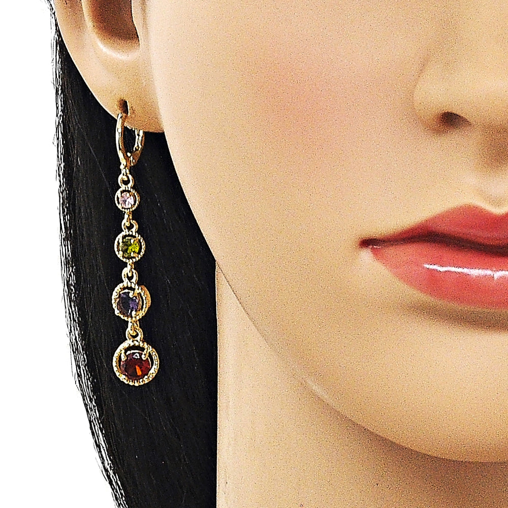 Oro Laminado Long Earring, Gold Filled Style with Multicolor Cubic Zirconia, Polished, Golden Finish