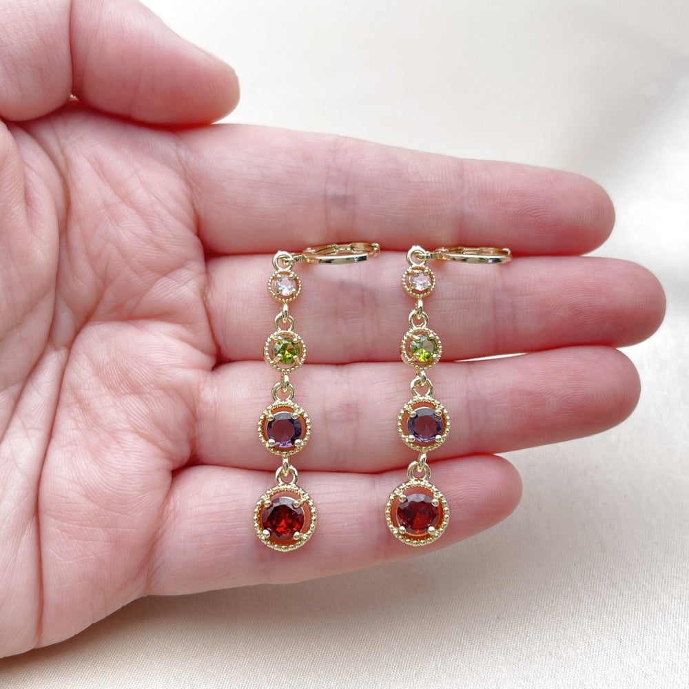 Oro Laminado Long Earring, Gold Filled Style with Multicolor Cubic Zirconia, Polished, Golden Finish
