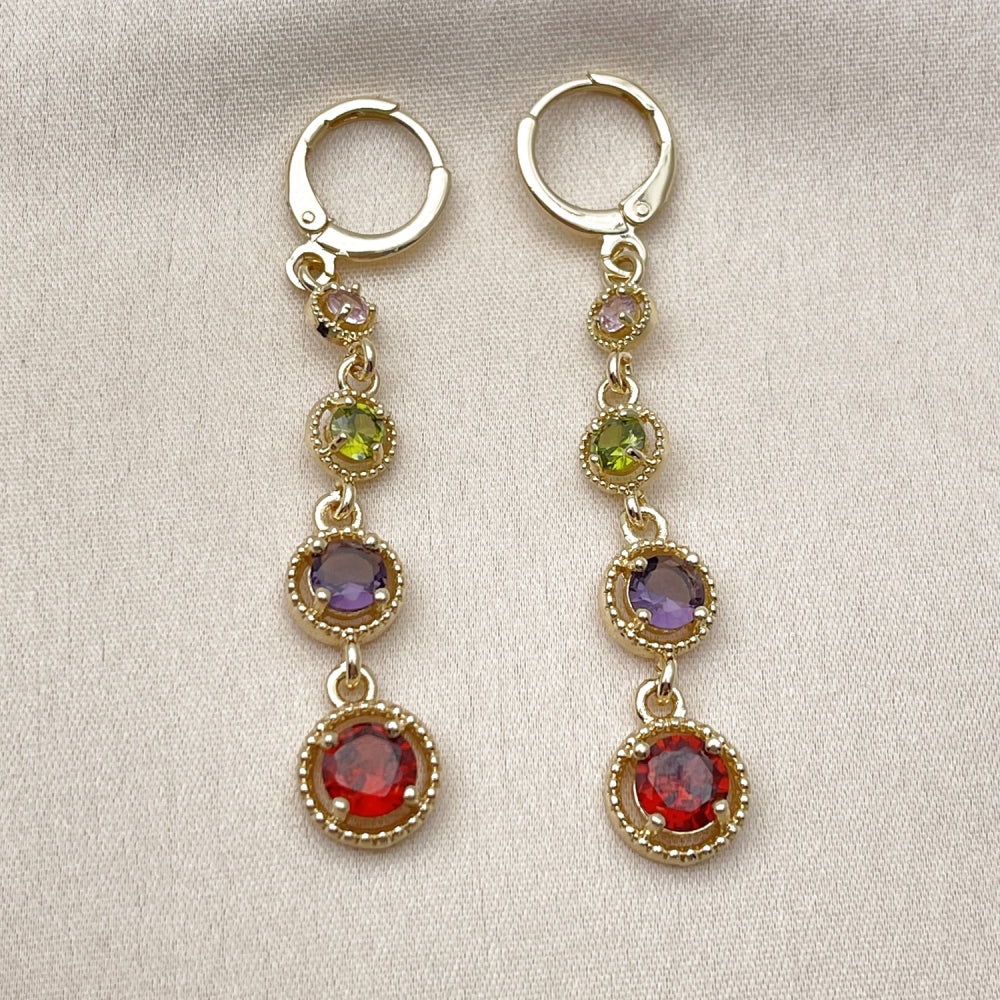 Oro Laminado Long Earring, Gold Filled Style with Multicolor Cubic Zirconia, Polished, Golden Finish