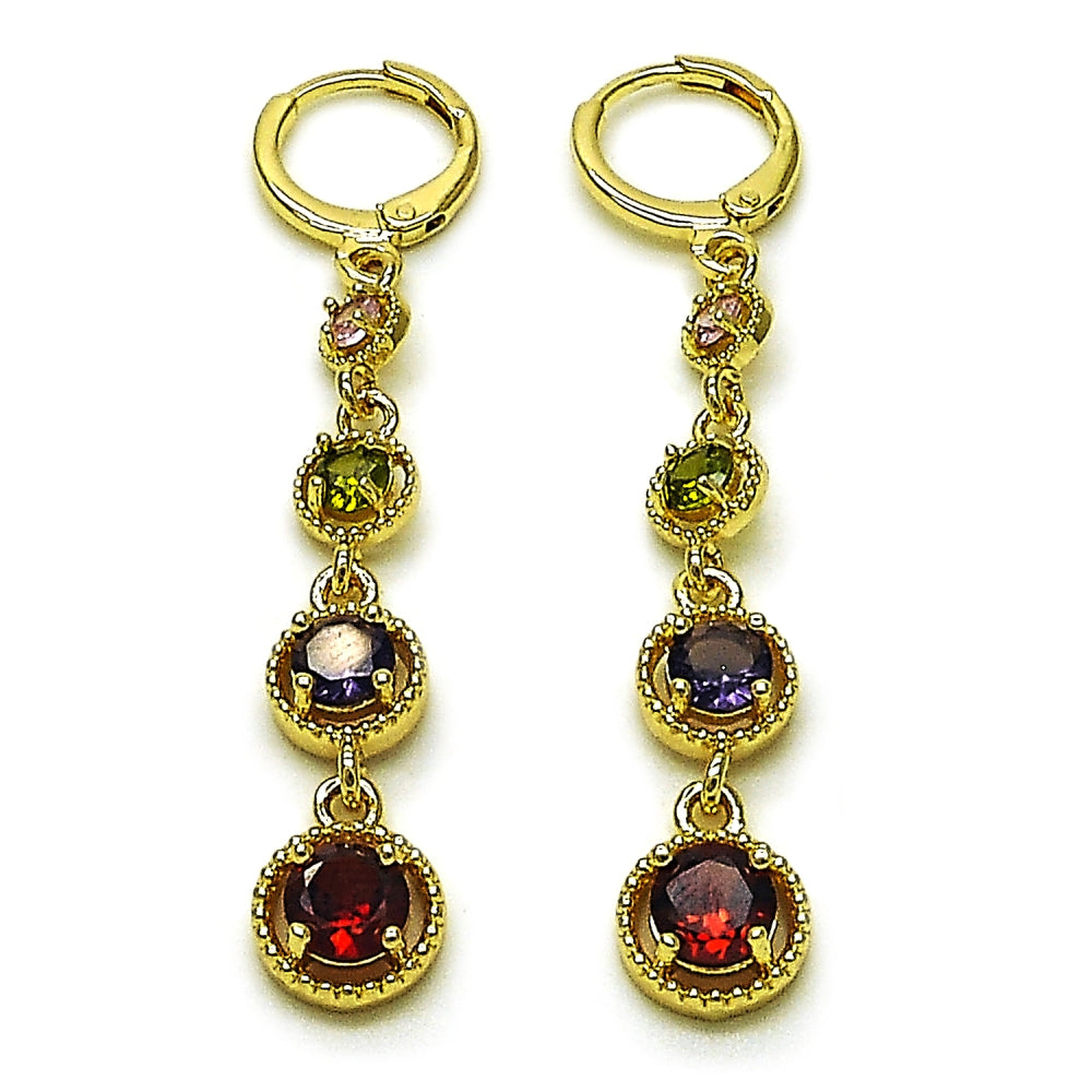Oro Laminado Long Earring, Gold Filled Style with Multicolor Cubic Zirconia, Polished, Golden Finish