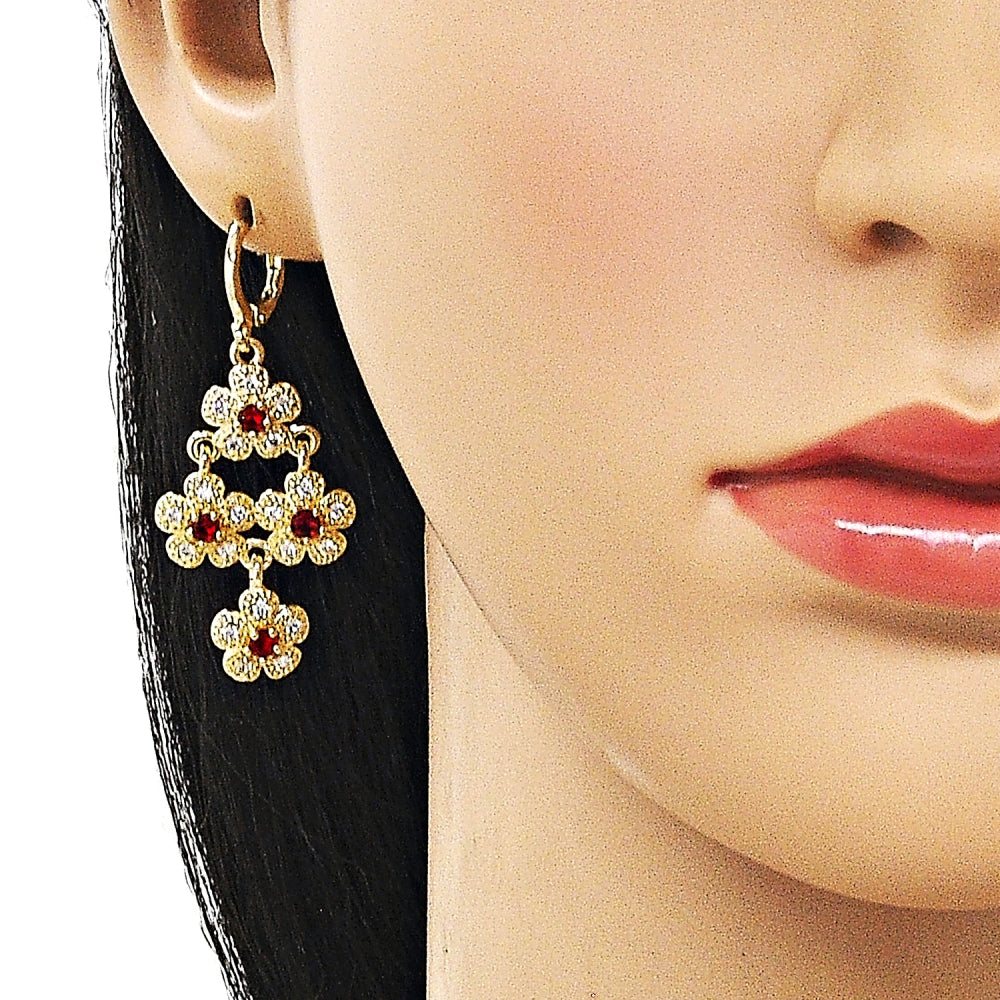 Oro Laminado Long Earring, Gold Filled Style Flower and Cluster Design, with Garnet and White Cubic Zirconia, Polished, Golden Finish