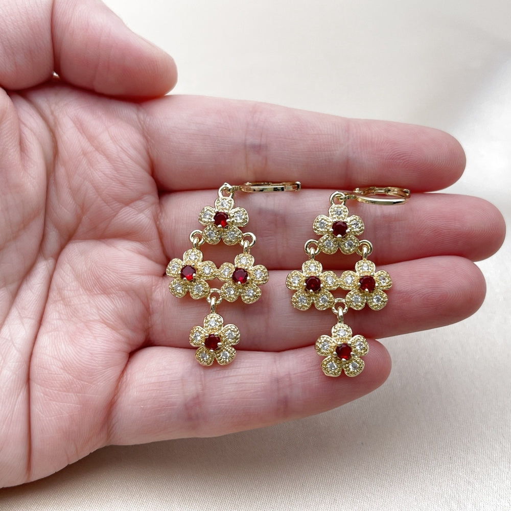 Oro Laminado Long Earring, Gold Filled Style Flower and Cluster Design, with Garnet and White Cubic Zirconia, Polished, Golden Finish