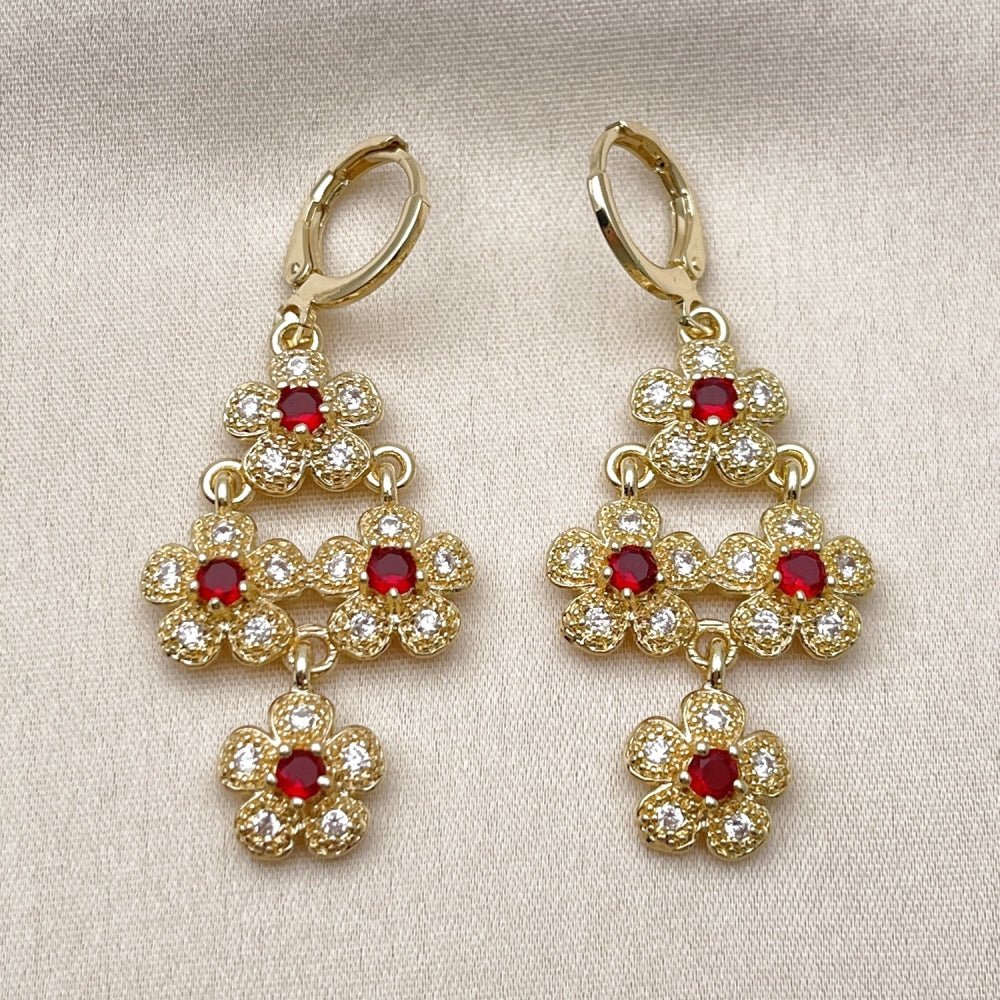 Oro Laminado Long Earring, Gold Filled Style Flower and Cluster Design, with Garnet and White Cubic Zirconia, Polished, Golden Finish