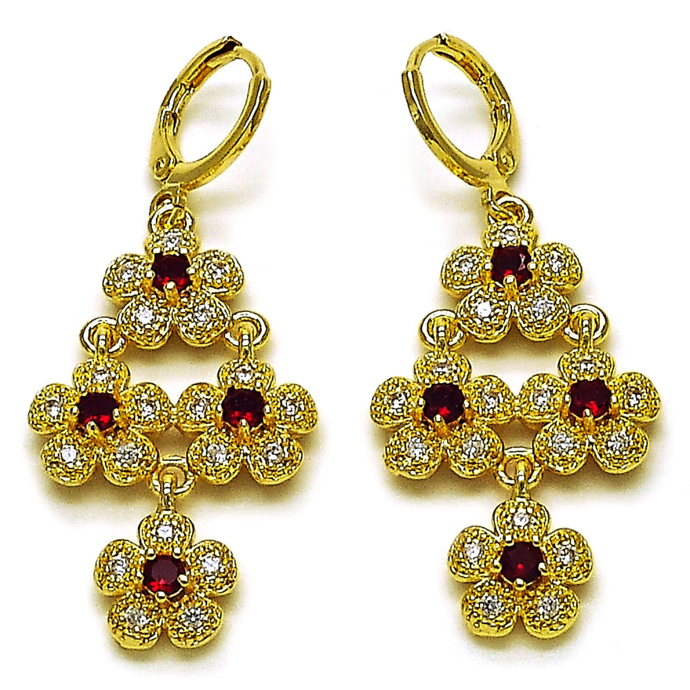 Oro Laminado Long Earring, Gold Filled Style Flower and Cluster Design, with Garnet and White Cubic Zirconia, Polished, Golden Finish