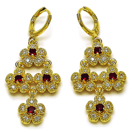 Oro Laminado Long Earring, Gold Filled Style Flower and Cluster Design, with Garnet and White Cubic Zirconia, Polished, Golden Finish