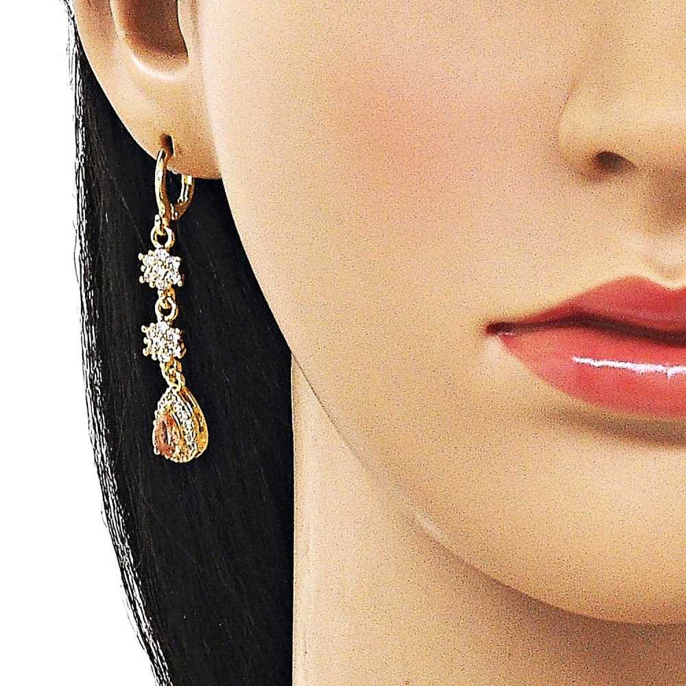 Oro Laminado Long Earring, Gold Filled Style Flower and Teardrop Design, with Champagne and White Cubic Zirconia, Polished, Golden Finish