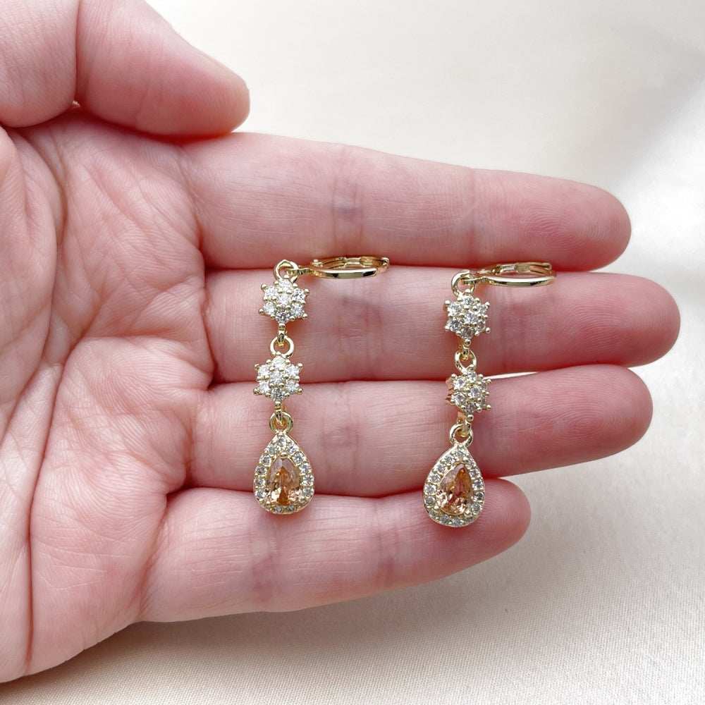 Oro Laminado Long Earring, Gold Filled Style Flower and Teardrop Design, with Champagne and White Cubic Zirconia, Polished, Golden Finish