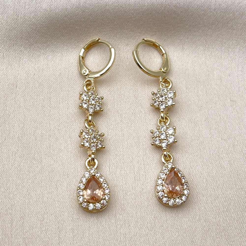 Oro Laminado Long Earring, Gold Filled Style Flower and Teardrop Design, with Champagne and White Cubic Zirconia, Polished, Golden Finish