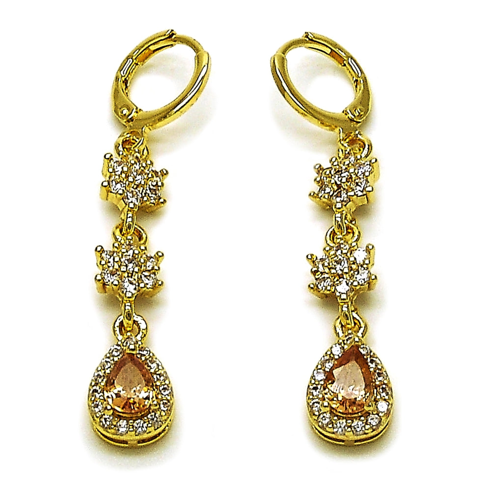 Oro Laminado Long Earring, Gold Filled Style Flower and Teardrop Design, with Champagne and White Cubic Zirconia, Polished, Golden Finish