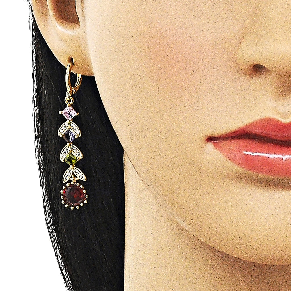 Oro Laminado Long Earring, Gold Filled Style Cluster Design, with Multicolor Cubic Zirconia and White Micro Pave, Polished, Golden Finish