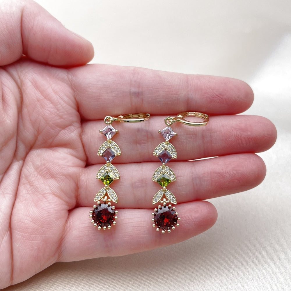 Oro Laminado Long Earring, Gold Filled Style Cluster Design, with Multicolor Cubic Zirconia and White Micro Pave, Polished, Golden Finish