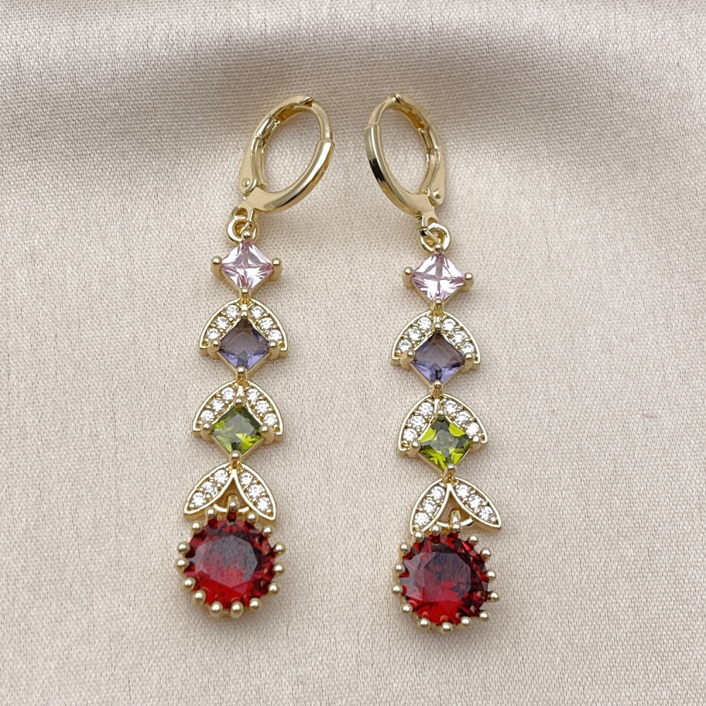 Oro Laminado Long Earring, Gold Filled Style Cluster Design, with Multicolor Cubic Zirconia and White Micro Pave, Polished, Golden Finish