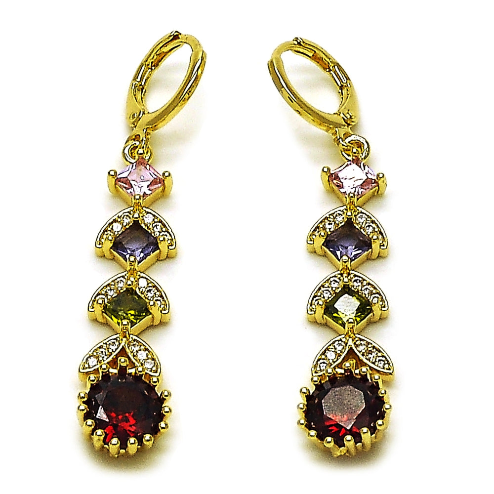 Oro Laminado Long Earring, Gold Filled Style Cluster Design, with Multicolor Cubic Zirconia and White Micro Pave, Polished, Golden Finish