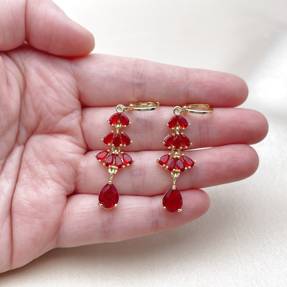 Oro Laminado Long Earring, Gold Filled Style Teardrop Design, with Garnet Cubic Zirconia, Polished, Golden Finish