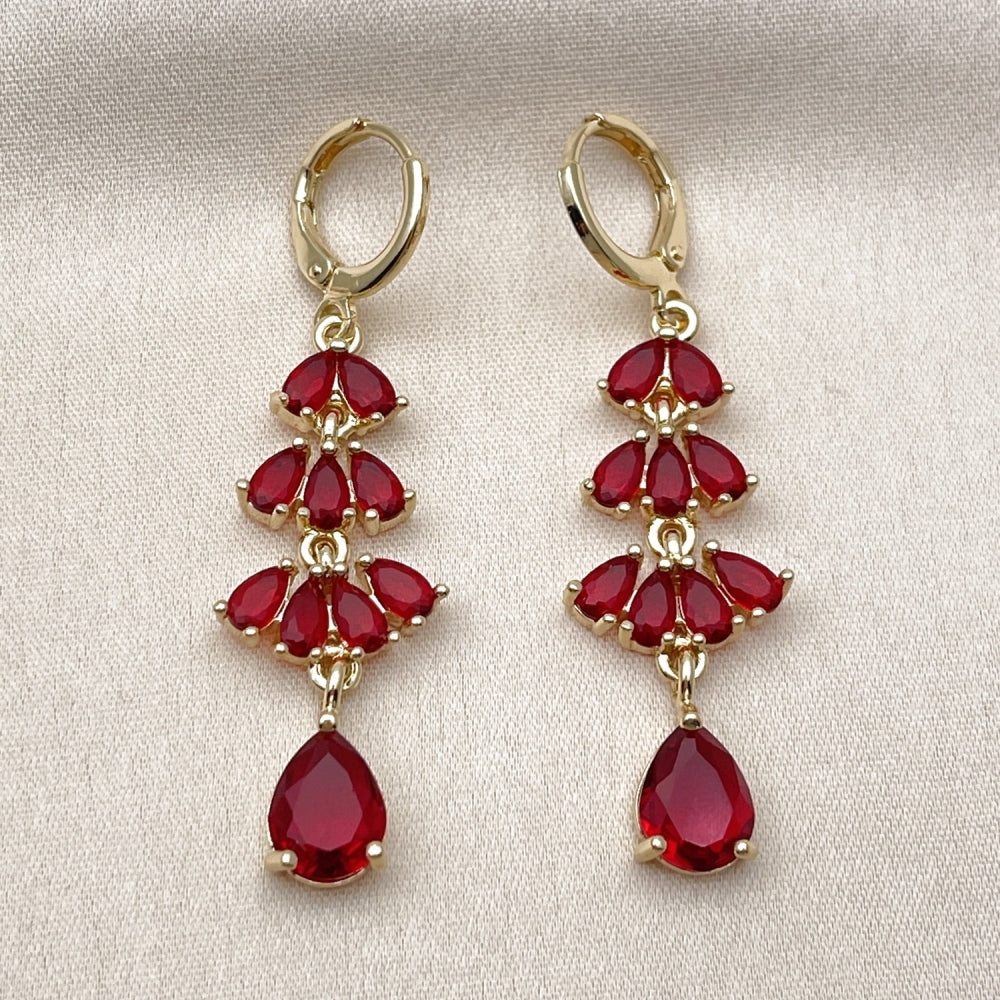 Oro Laminado Long Earring, Gold Filled Style Teardrop Design, with Garnet Cubic Zirconia, Polished, Golden Finish
