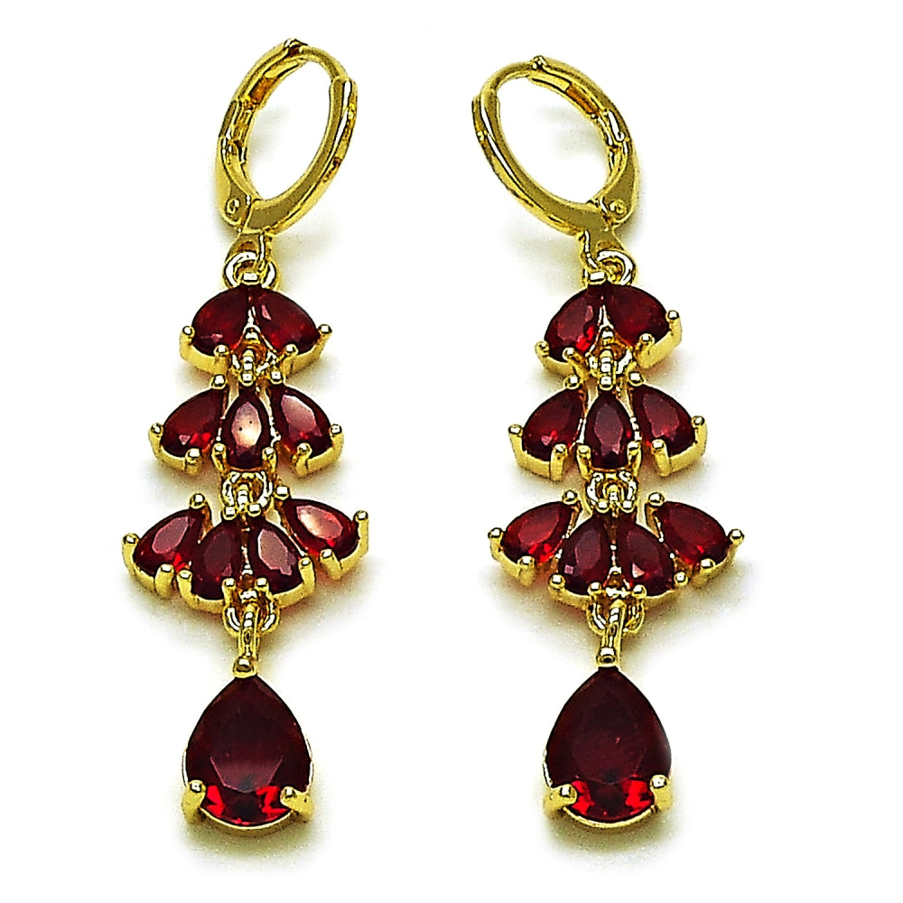 Oro Laminado Long Earring, Gold Filled Style Teardrop Design, with Garnet Cubic Zirconia, Polished, Golden Finish