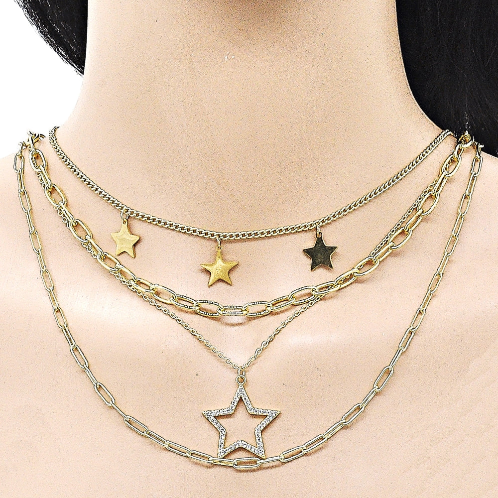 Stainless Steel Fancy Necklace, Star and Paperclip Design, with White Micro Pave, Polished, Golden Finish