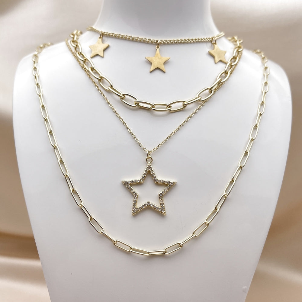 Stainless Steel Fancy Necklace, Star and Paperclip Design, with White Micro Pave, Polished, Golden Finish