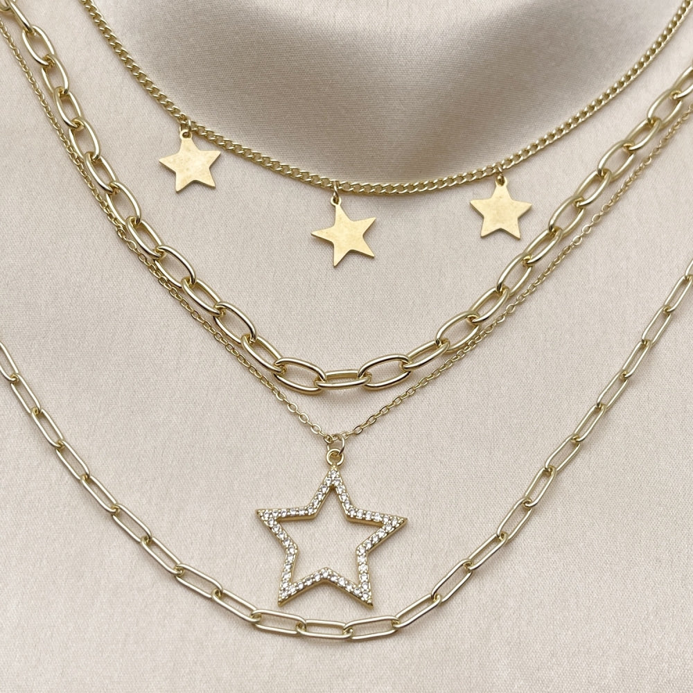 Stainless Steel Fancy Necklace, Star and Paperclip Design, with White Micro Pave, Polished, Golden Finish