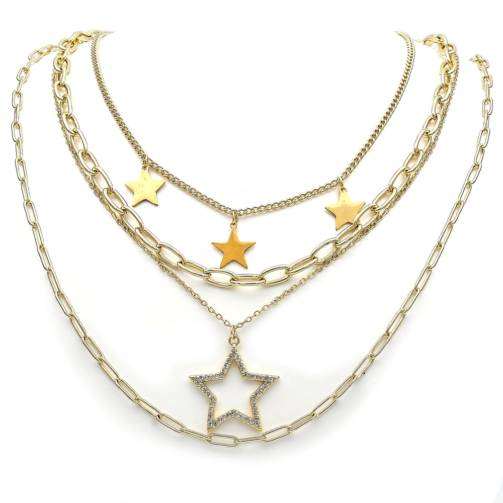 Stainless Steel Fancy Necklace, Star and Paperclip Design, with White Micro Pave, Polished, Golden Finish