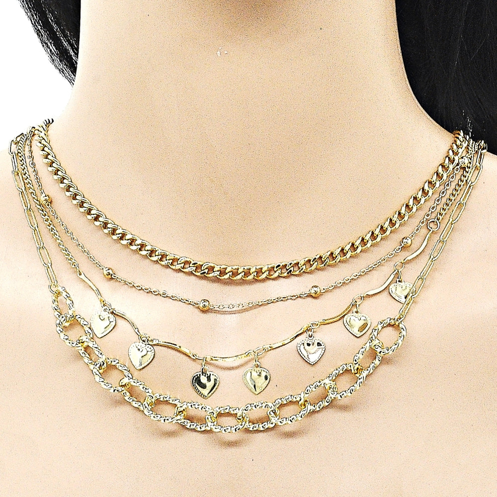 Stainless Steel Fancy Necklace, Miami Cuban and Heart Design, Polished, Golden Finish