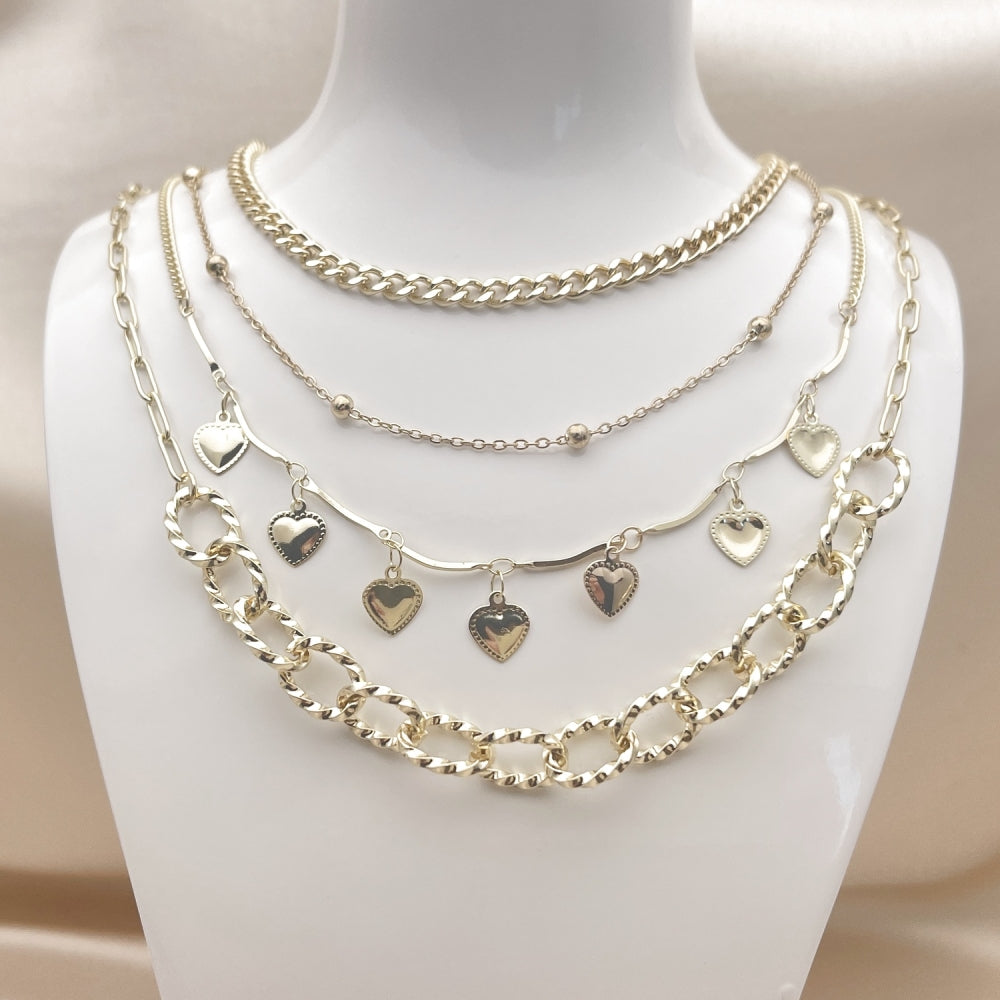 Stainless Steel Fancy Necklace, Miami Cuban and Heart Design, Polished, Golden Finish