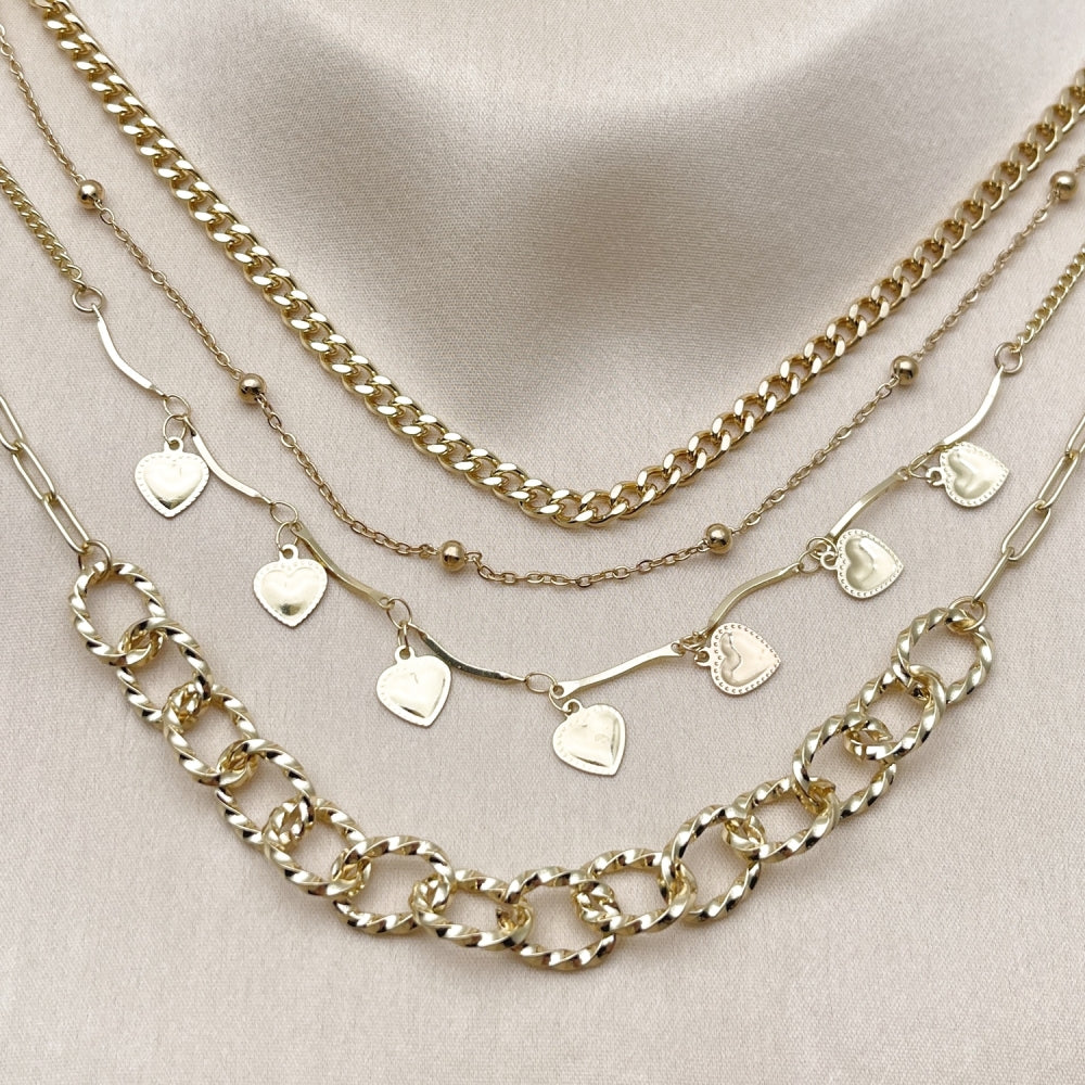 Stainless Steel Fancy Necklace, Miami Cuban and Heart Design, Polished, Golden Finish