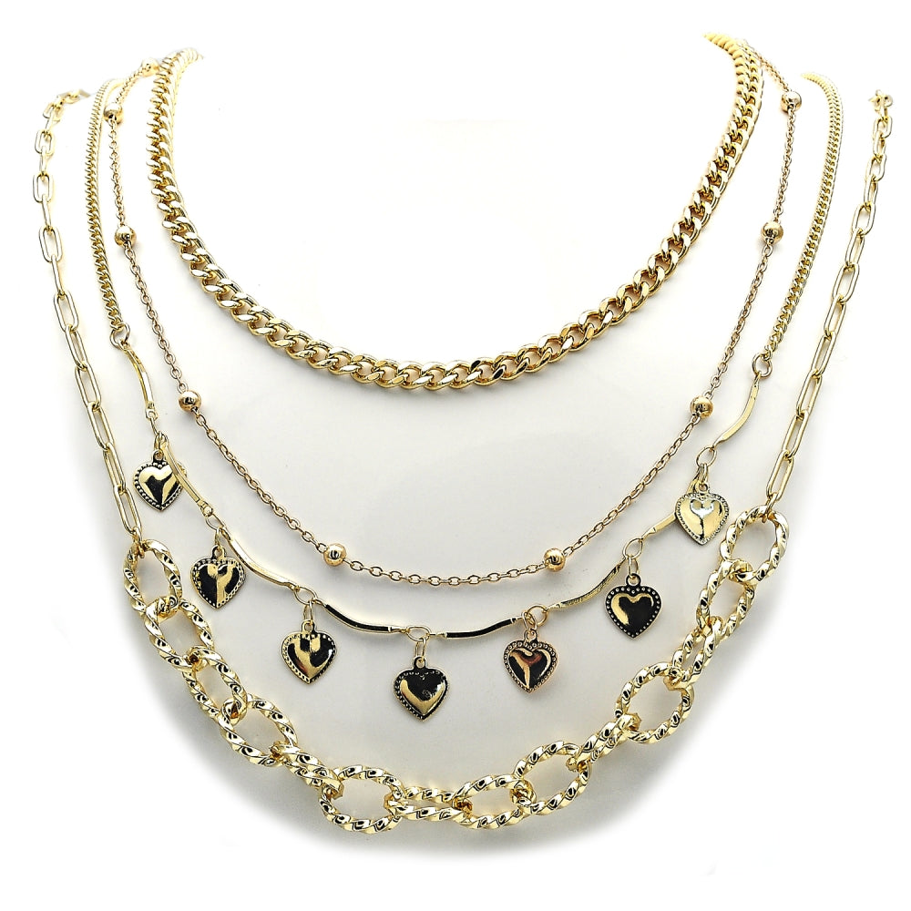 Stainless Steel Fancy Necklace, Miami Cuban and Heart Design, Polished, Golden Finish