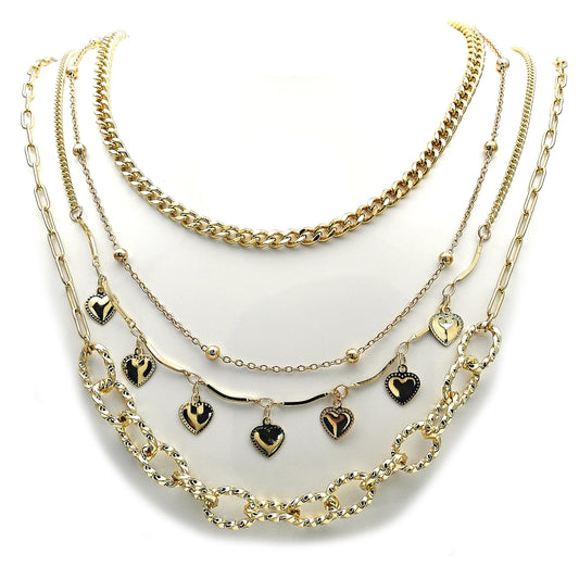 Stainless Steel Fancy Necklace, Miami Cuban and Heart Design, Polished, Golden Finish