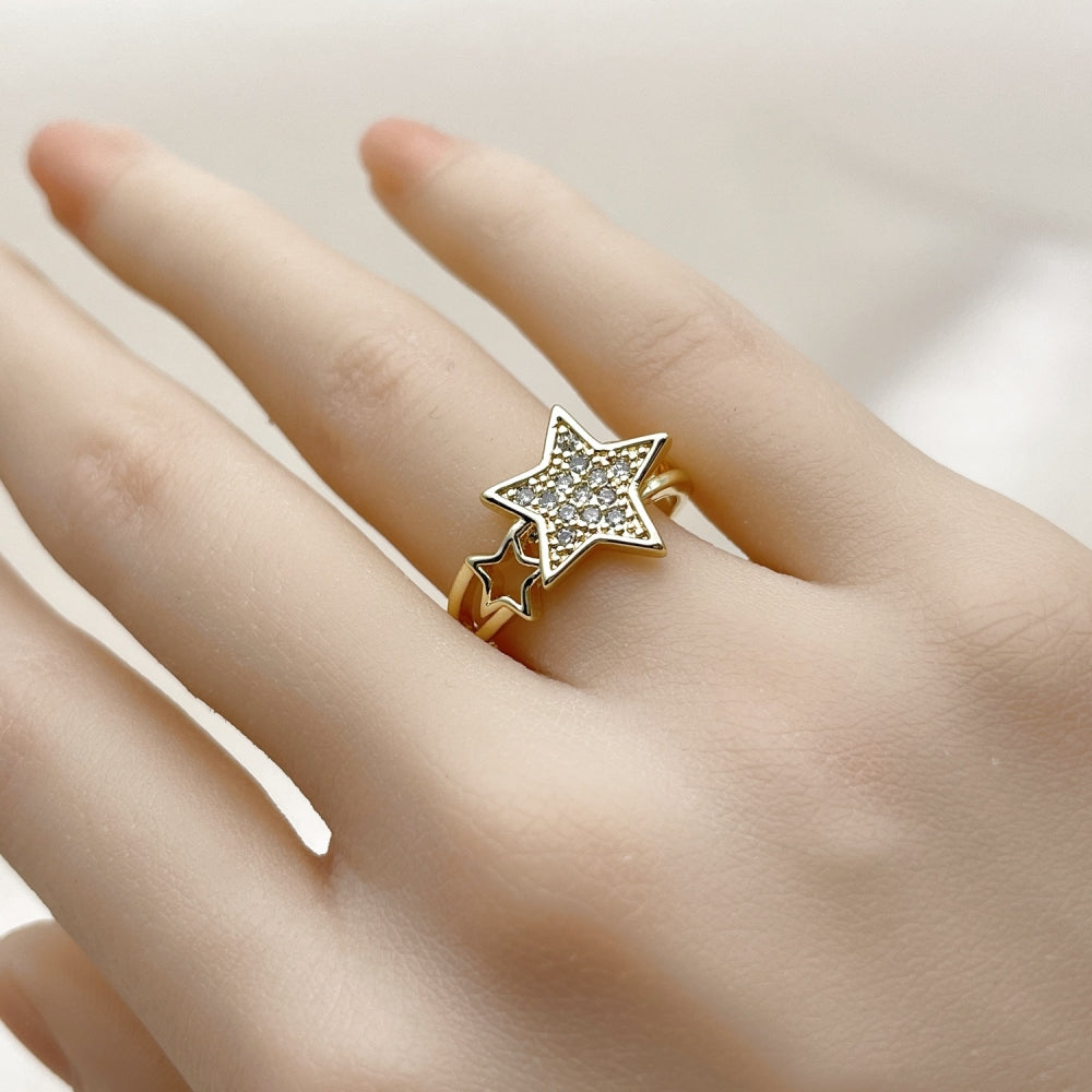 Oro Laminado Multi Stone Ring, Gold Filled Style Star Design, with White Micro Pave, Polished, Golden Finish