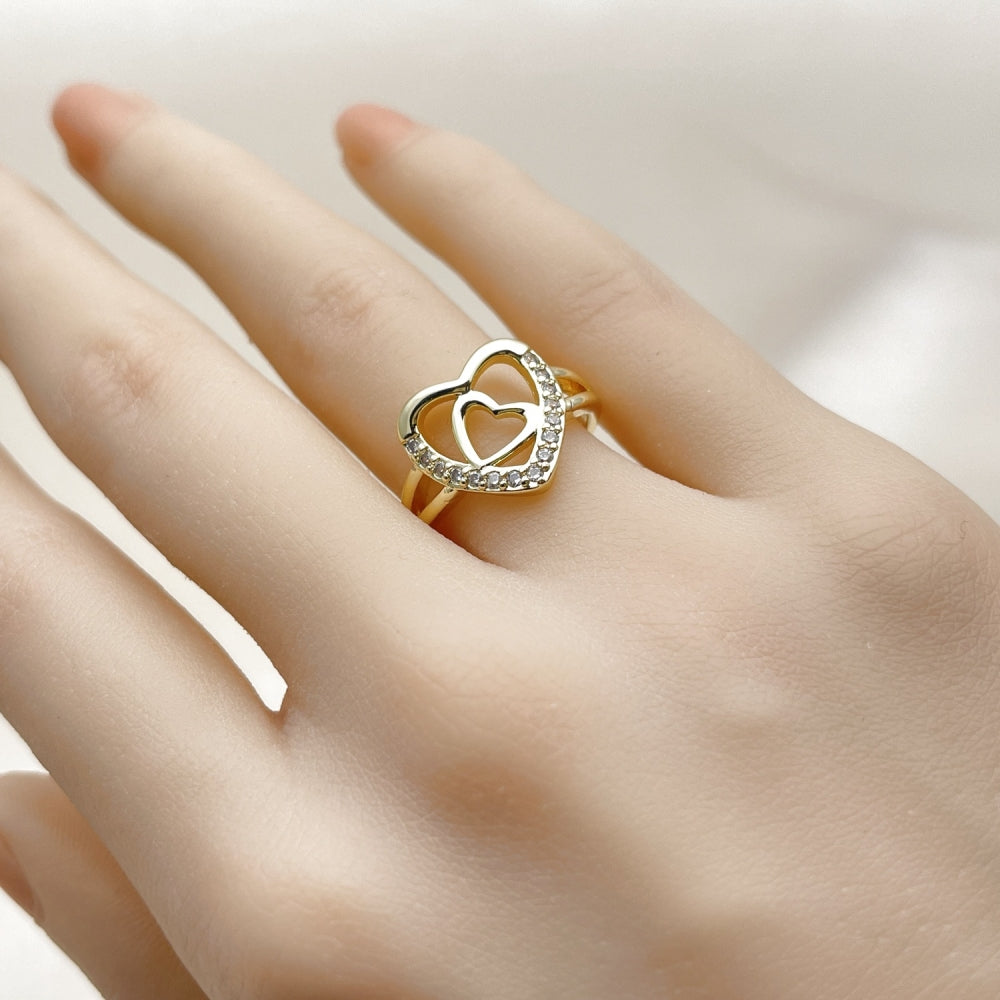 Oro Laminado Multi Stone Ring, Gold Filled Style Heart Design, with White Cubic Zirconia, Polished, Golden Finish