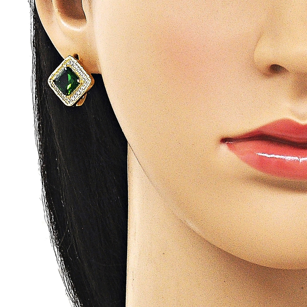 Oro Laminado Leverback Earring, Gold Filled Style Cluster Design, with Green Cubic Zirconia and White Micro Pave, Polished, Golden Finish