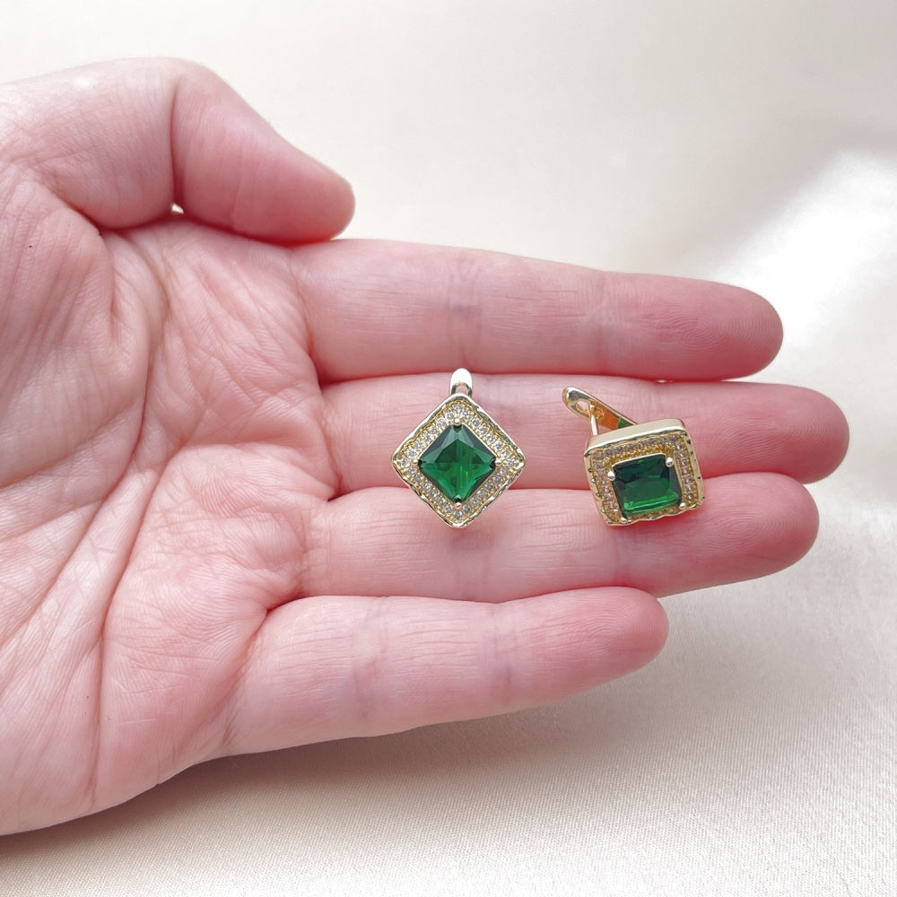 Oro Laminado Leverback Earring, Gold Filled Style Cluster Design, with Green Cubic Zirconia and White Micro Pave, Polished, Golden Finish