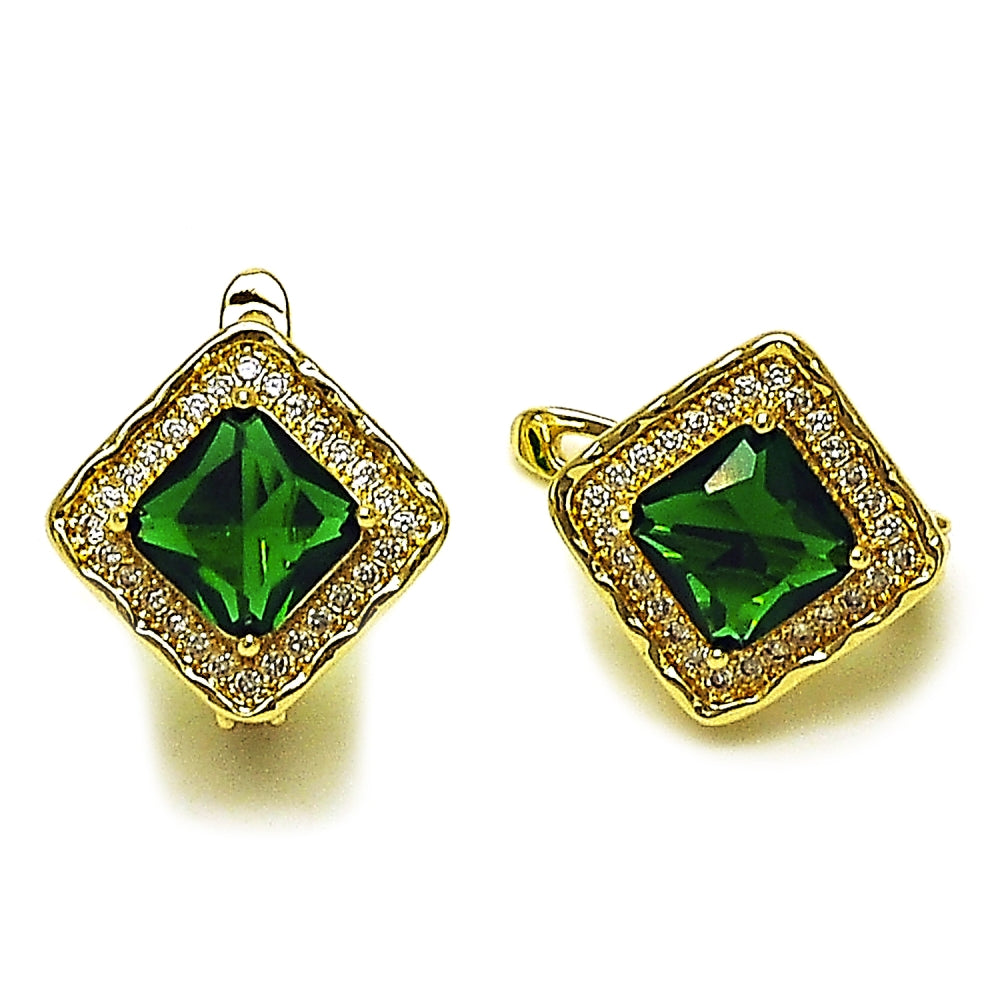 Oro Laminado Leverback Earring, Gold Filled Style Cluster Design, with Green Cubic Zirconia and White Micro Pave, Polished, Golden Finish