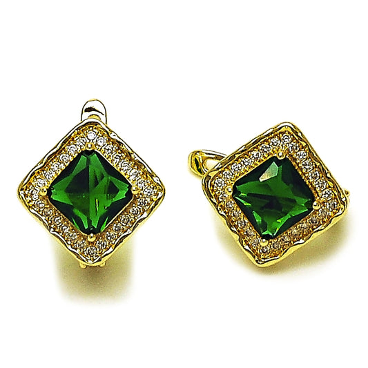 Oro Laminado Leverback Earring, Gold Filled Style Cluster Design, with Green Cubic Zirconia and White Micro Pave, Polished, Golden Finish