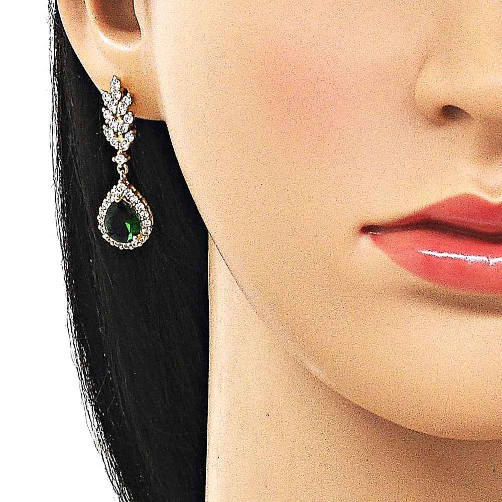 Oro Laminado Dangle Earring, Gold Filled Style Teardrop and Leaf Design, with Green and White Cubic Zirconia, Polished, Golden Finish