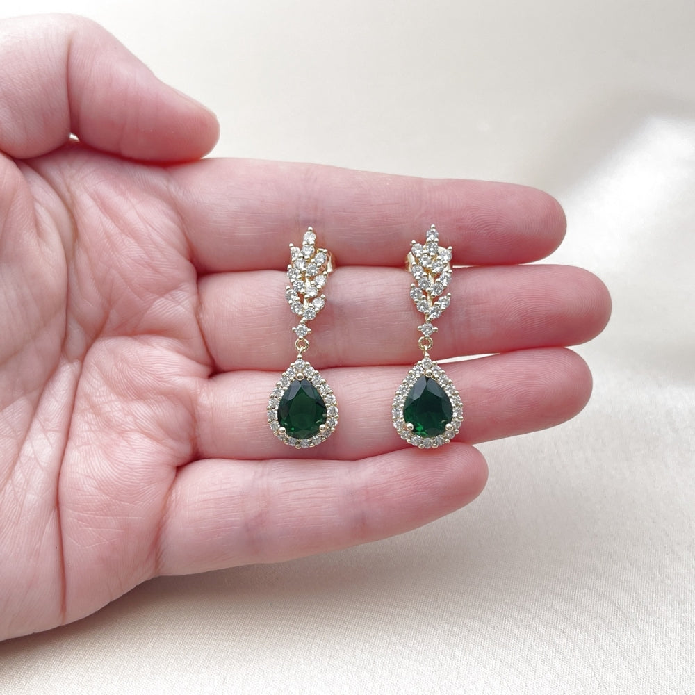 Oro Laminado Dangle Earring, Gold Filled Style Teardrop and Leaf Design, with Green and White Cubic Zirconia, Polished, Golden Finish