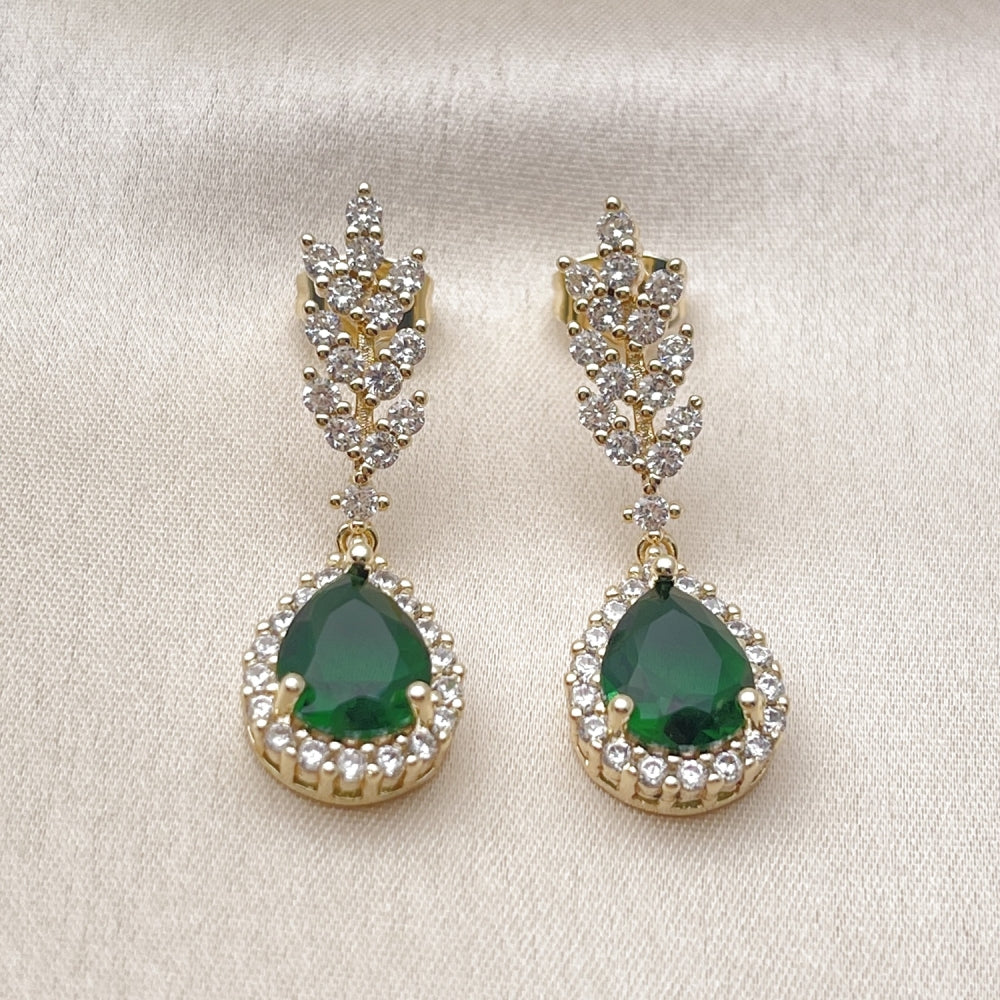 Oro Laminado Dangle Earring, Gold Filled Style Teardrop and Leaf Design, with Green and White Cubic Zirconia, Polished, Golden Finish