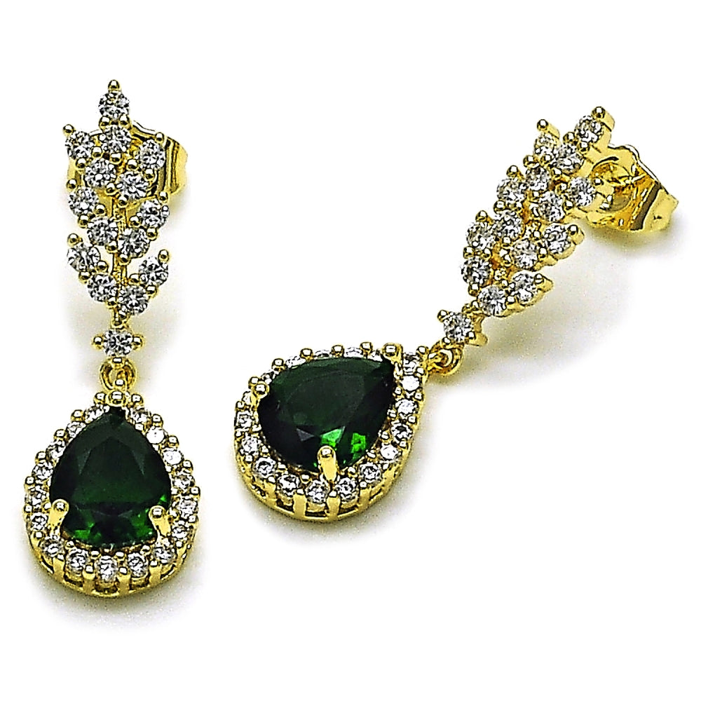 Oro Laminado Dangle Earring, Gold Filled Style Teardrop and Leaf Design, with Green and White Cubic Zirconia, Polished, Golden Finish